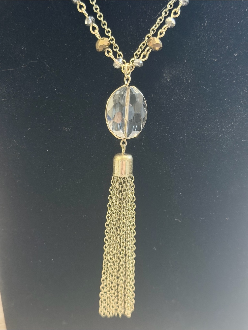 Gold Beaded Double Chain Tassel Necklace with Clear Pendant - Picture 2 of 2